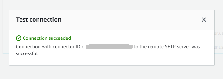 Le panneau de connexion de test du SFTP connecteur, indiquant un test réussi.