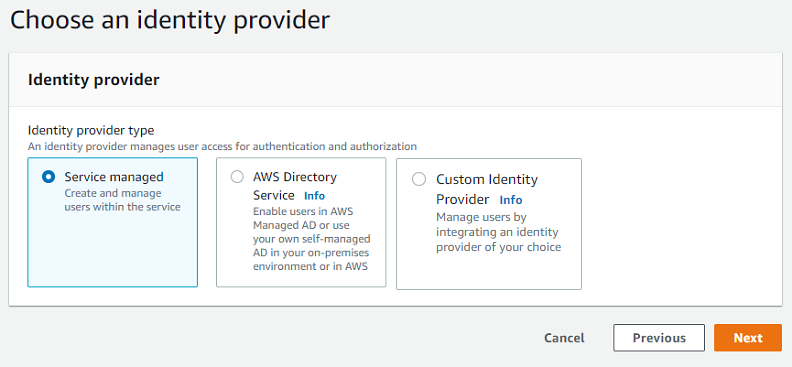 La section de console Choisissez un fournisseur d'identité avec Service géré sélectionné.