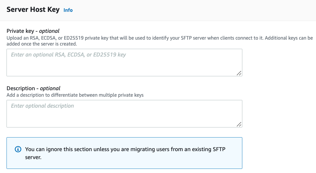 La section Server Host Key de la console vous permet d'ajouter des clés privées avec différents algorithmes : RSAECDSA, ouED25519, ainsi qu'une description de chaque clé.