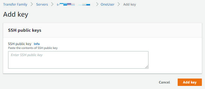 La AWS Transfer Family console, qui affiche la page Ajouter une clé pour ajouter une clé publique.