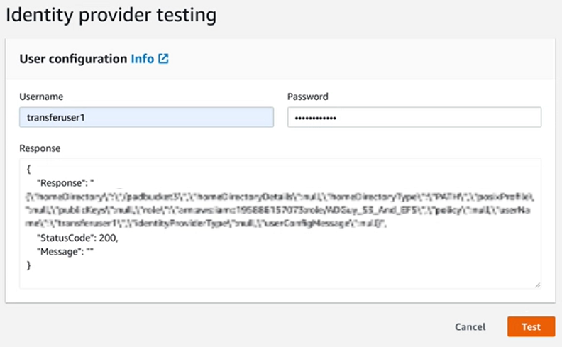 Capture d'écran de la console montrant la réponse réussie au test du fournisseur d'identité.