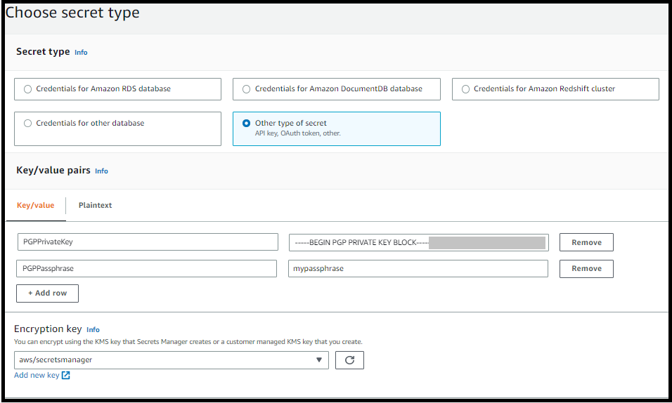 La AWS Secrets Manager console, qui affiche les clés et les valeurs que vous entrez pour gérer vos PGP clés.