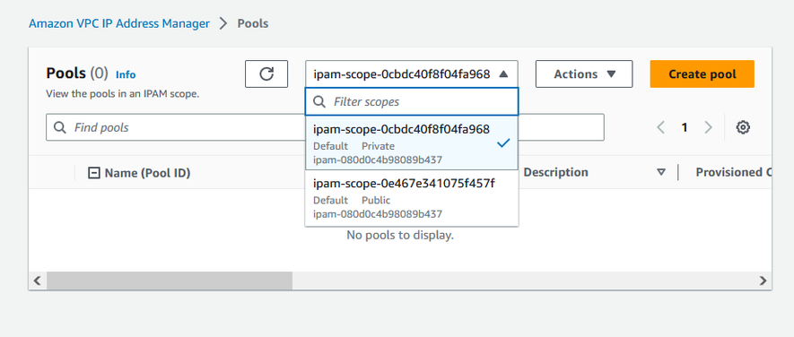 Choix de l'étendue privée dans la IPAM console.