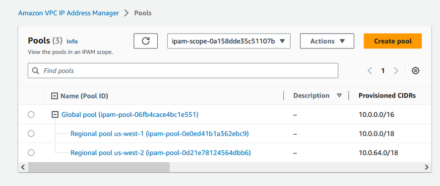 Vue des piscines avec trois piscines dans la IPAM console.