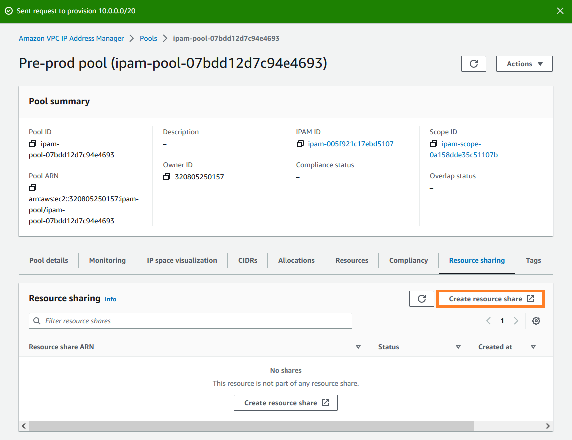 Création d'un partage de ressources dans la console IPAM.