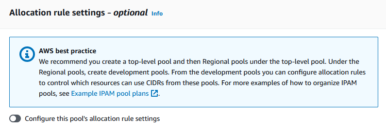 Choix des paramètres des règles d'allocation pour un pool dans la IPAM console.