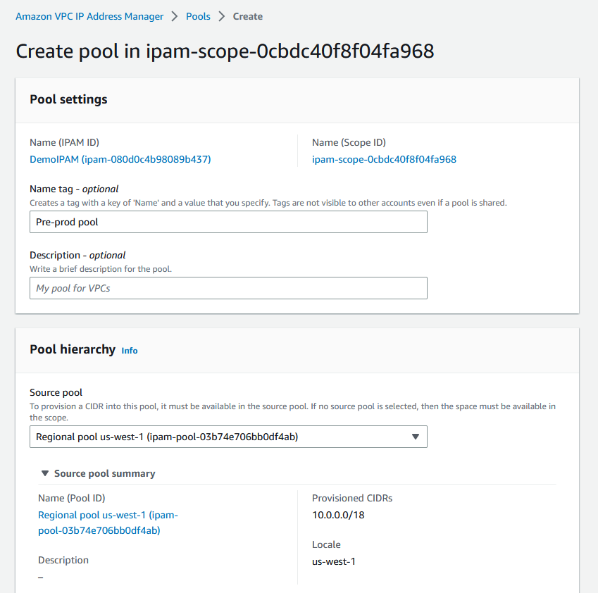 Création d'un pool dans la IPAM console.