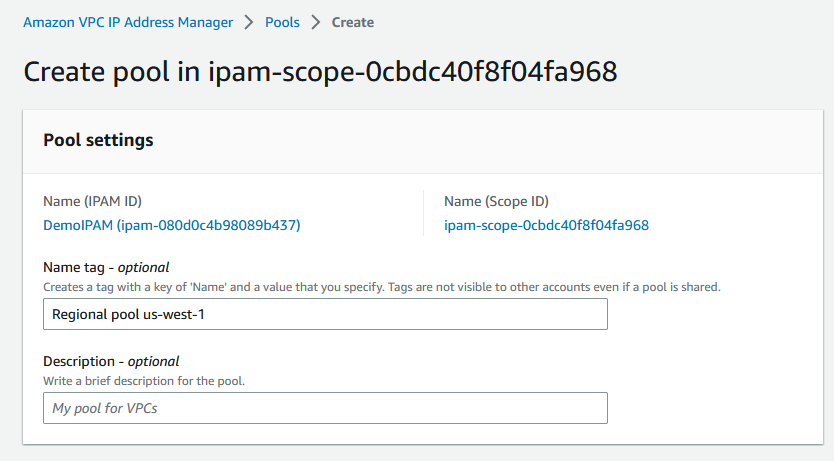 Ajout d'un nom pour un pool dans la IPAM console.