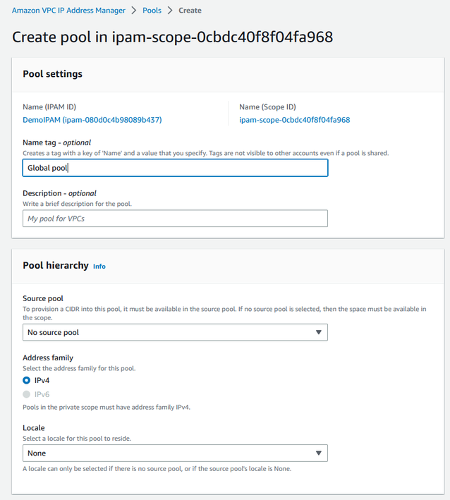 Création d'un pool dans la IPAM console.