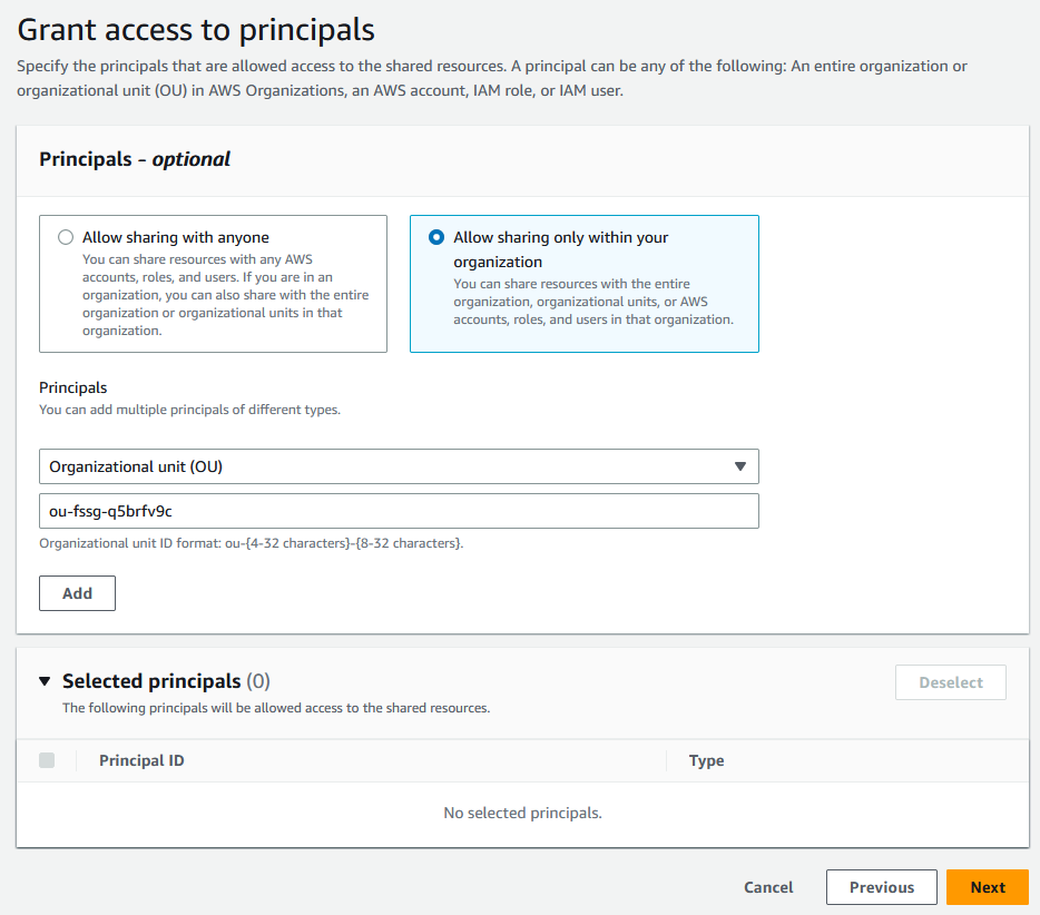 Accorder l'accès à un partage de ressources dans la AWS RAM console.