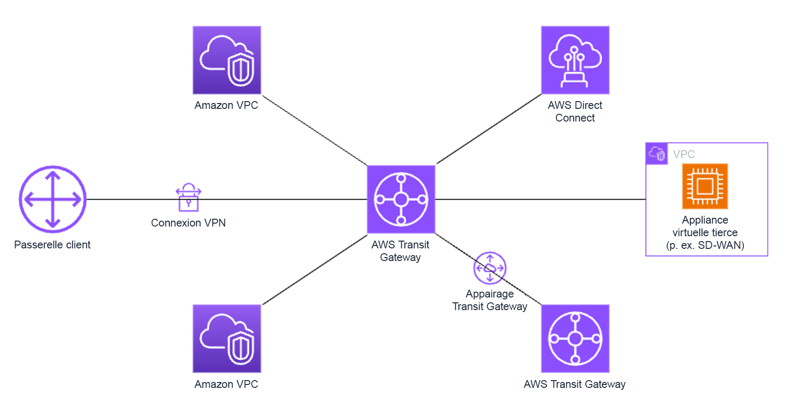 AWS Transit Gateway connecting various services like VPCs, Direct Connect, and third-party appliances.