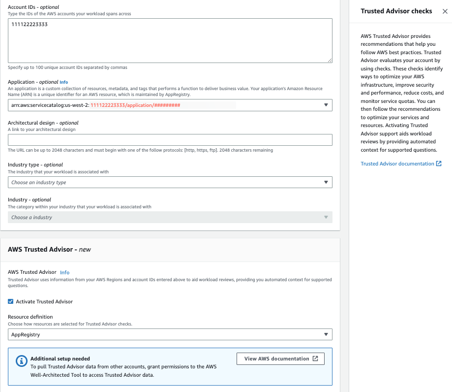 Capture d’écran de la section Activer Trusted Advisor lors de la définition d’une charge de travail.