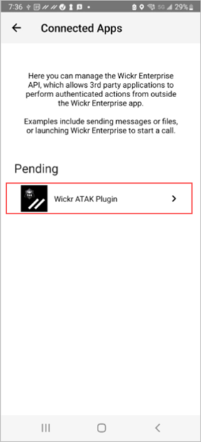 Applications connectées en attente dans le client Wickr.