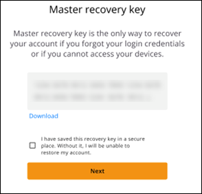 Master recovery key dialog box with explanation and checkbox for secure storage.