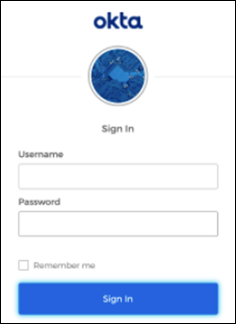 Okta sign-in page with username and password fields, and a blue Sign in button.