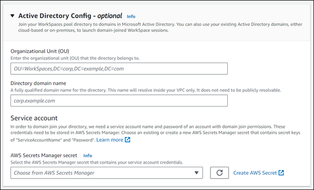 La section Active Directory Config de la page de répertoire Create WorkSpaces Pool