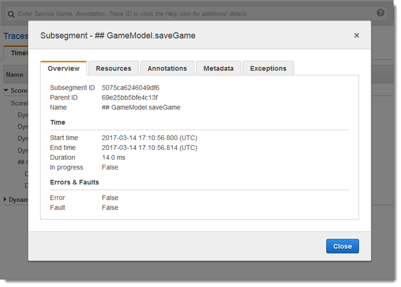 Informations générales sur un sous-segment, notamment l'ID, l'ID parent, le nom, les heures, les erreurs et les défauts.