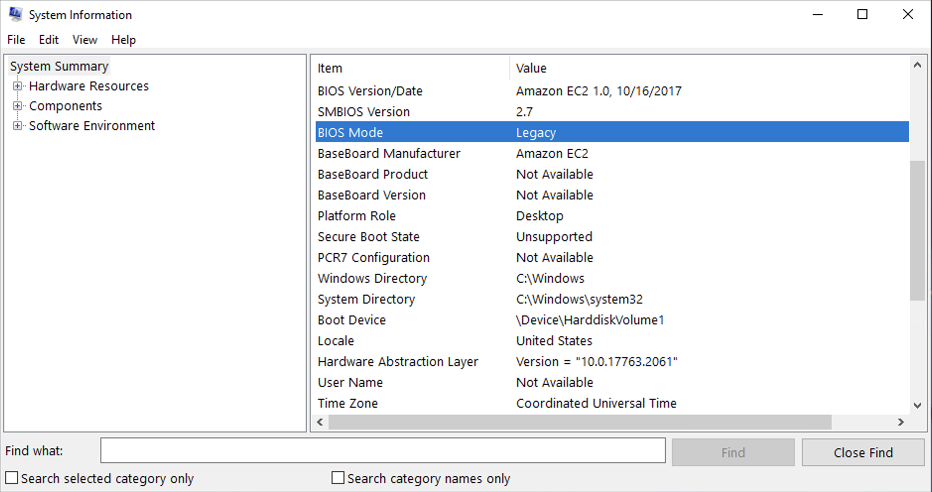 Jendela Informasi Sistem yang menampilkan baris BIOS Mode yang dipilih. Nilai untuk BIOS Mode adalah Legacy.