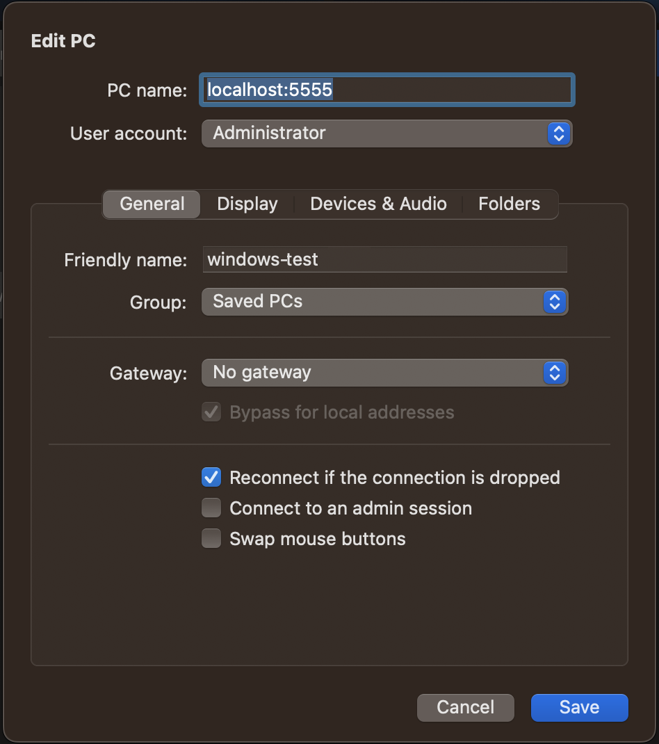 RDPKlien dengan contoh “localhost: 555" di bidang nama PC.