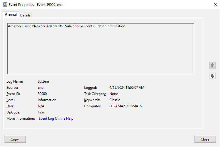 Contoh: ID peristiwa sistem 59000 ditampilkan di panel pratinjau Windows Event Viewer.