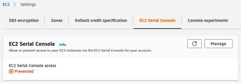 Akses ke Konsol Serial EC2 dicegah.