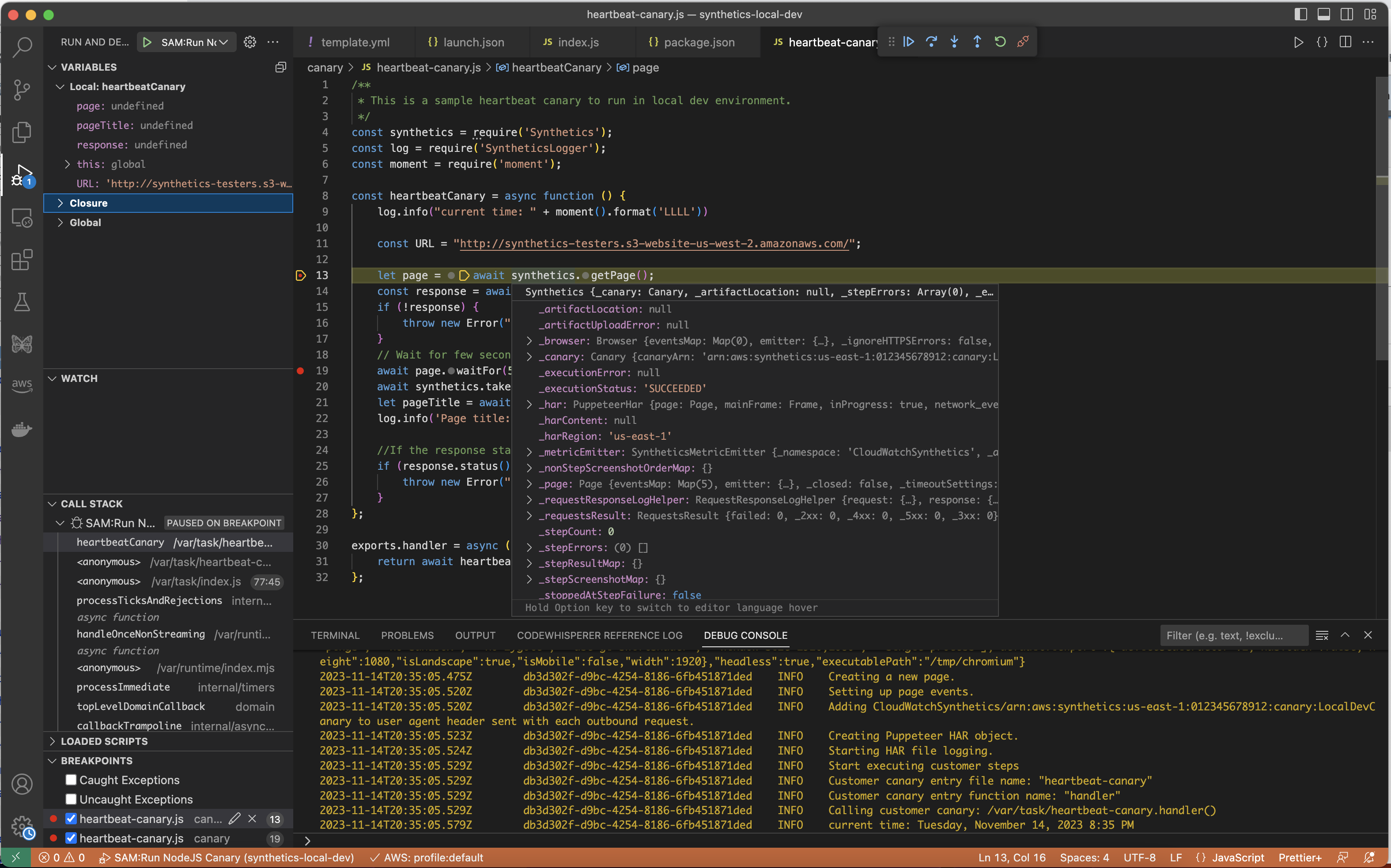 Visual Studio Code interface showing JavaScript code for a heartbeat canary function.