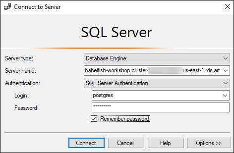 Menghubungkan ke basis data Babelfish dengan SSMS.