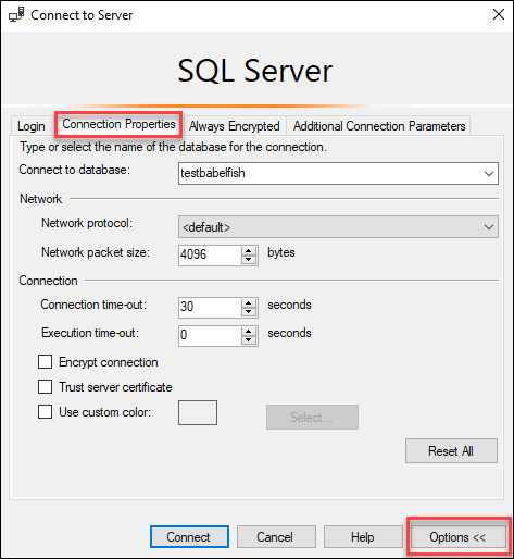 Menghubungkan ke basis data Babelfish di SSMS.