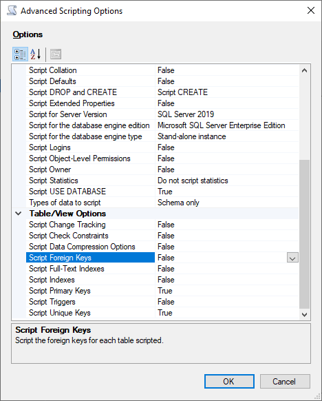 Menggunakan SSMS Generate script wizard untuk mengatur opsi lanjutan.