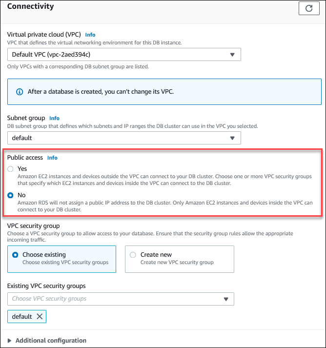 Tetapkan opsi akses publik database Anda di bagian Konfigurasi konektivitas tambahan ke No.