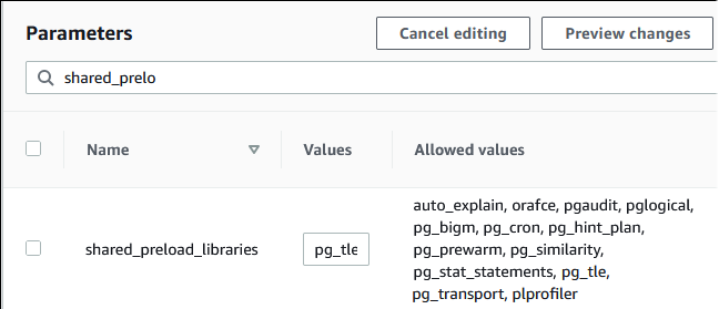 Gambar parameter shared_preload_libraries dengan pg_tle ditambahkan.