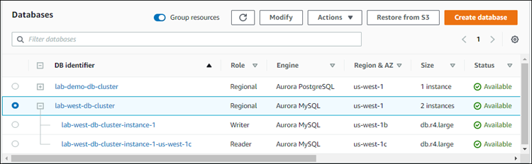 Tangkapan layar Basis Data dengan klaster DB Aurora siap digunakan untuk basis data global Aurora.