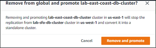 Tangkapan layar yang menunjukkan prompt konfirmasi untuk menghapus klaster sekunder dari basis data global Aurora.