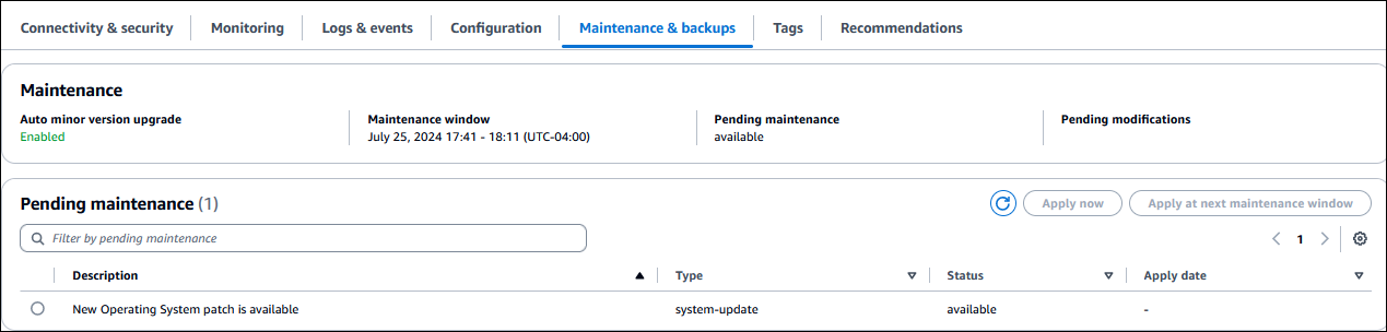 Item pemeliharaan tertunda untuk instans Aurora DB.