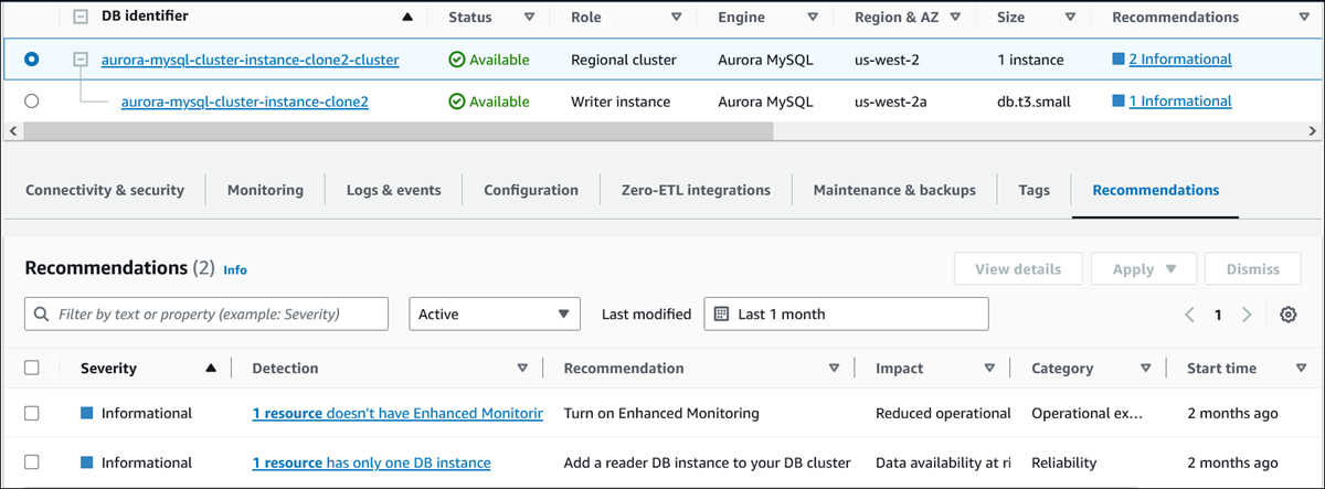 Tab rekomendasi pada halaman Database di konsol