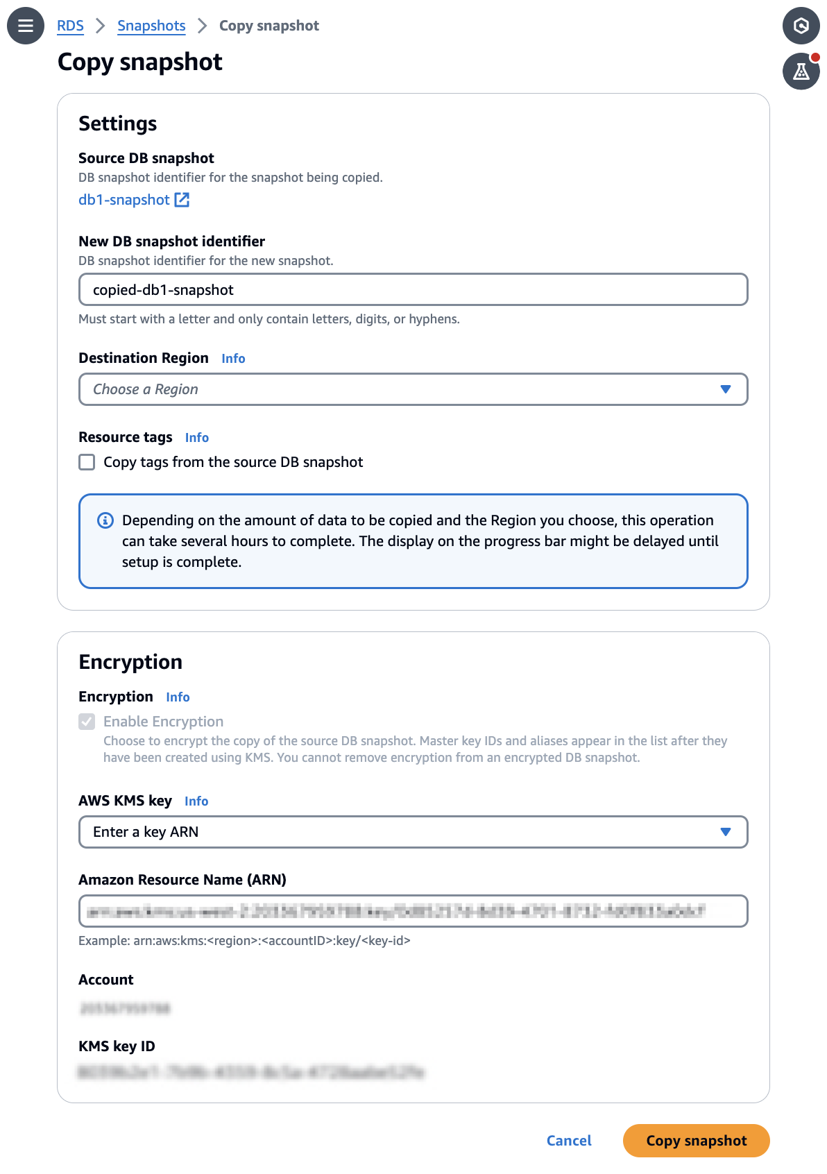Halaman Salin snapshot di RDS konsol Amazon. Pengaturan dimuat di halaman.