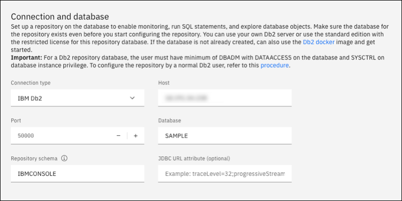 Bagian Koneksi dan database di IBM Db2 Data Management Console dengan bidang Host, Port, dan Database.