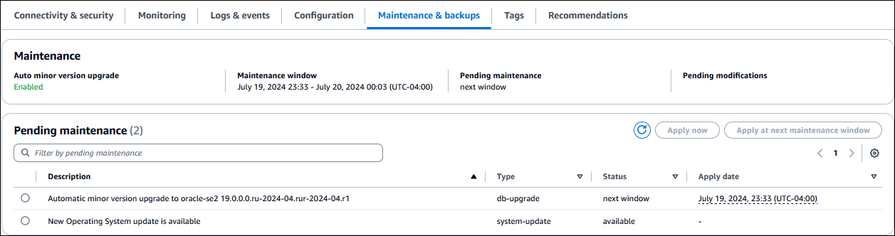 Item pemeliharaan yang tertunda untuk instans RDS DB.