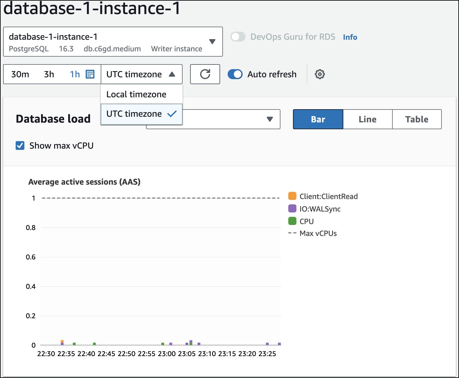 Pilih zona waktu lokal untuk dasbor Performance Insights