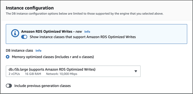Bagian konfigurasi Instans dengan filter Amazon RDS Optimized Writes diaktifkan untuk kelas instans DB.