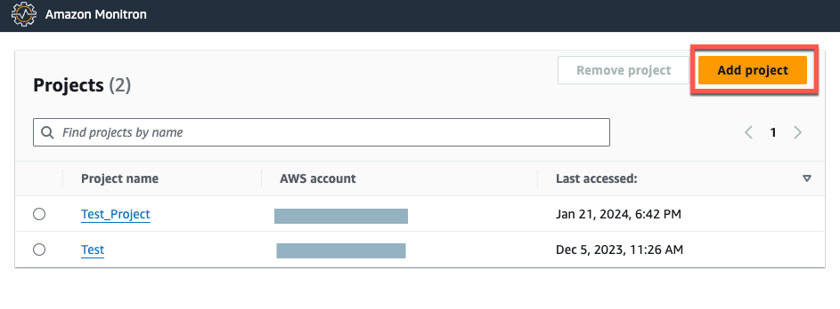 Projects page showing two projects with options to add, remove, or search projects.