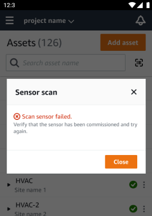 Error message indicating sensor scan failure with option to close and try again.