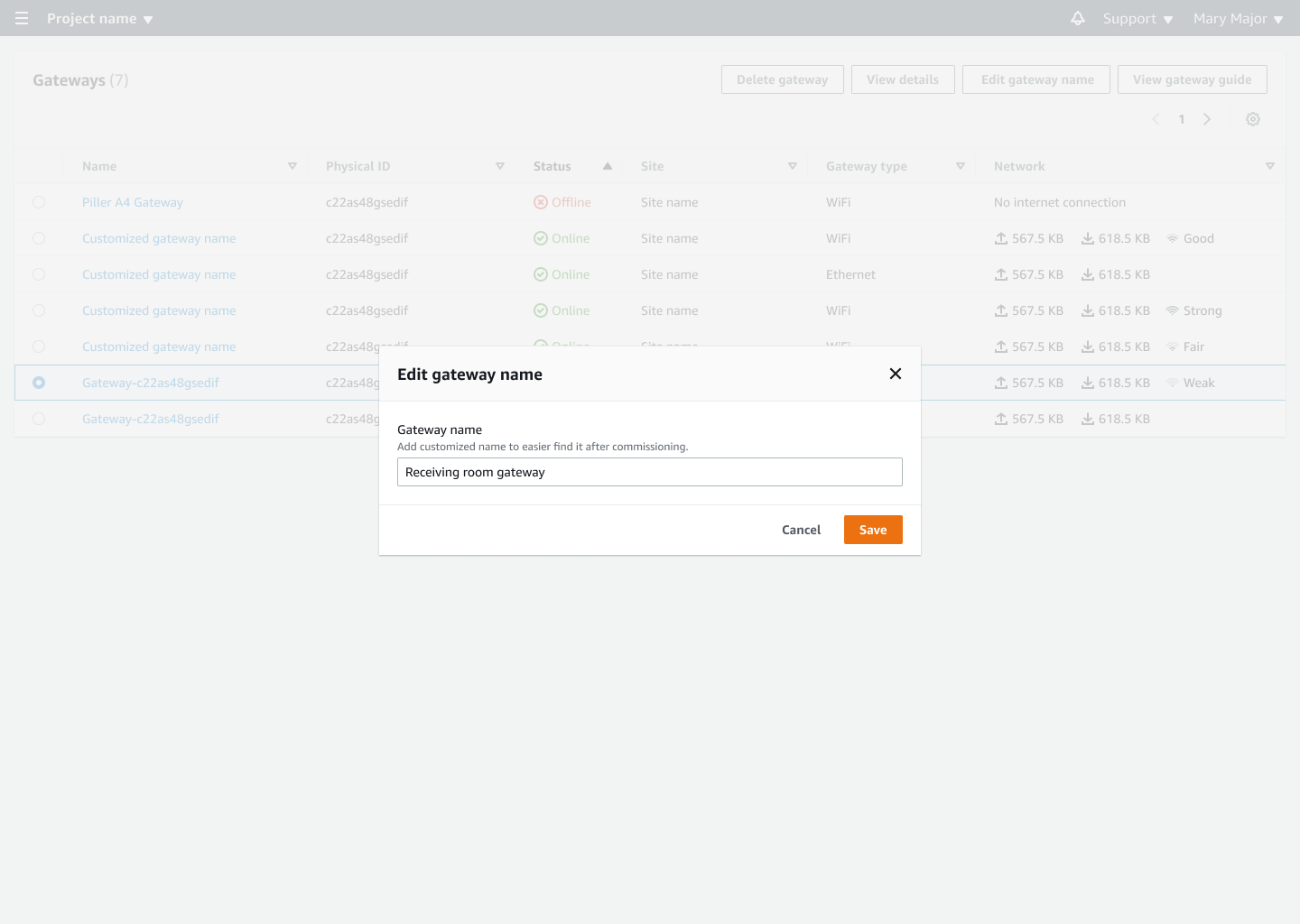 Gateway management interface showing list of gateways and edit name popup.