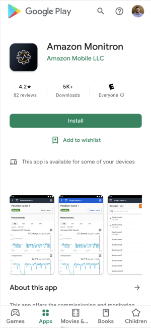 Google Play store page for Amazon Monitron app showing rating, downloads, and screenshots.