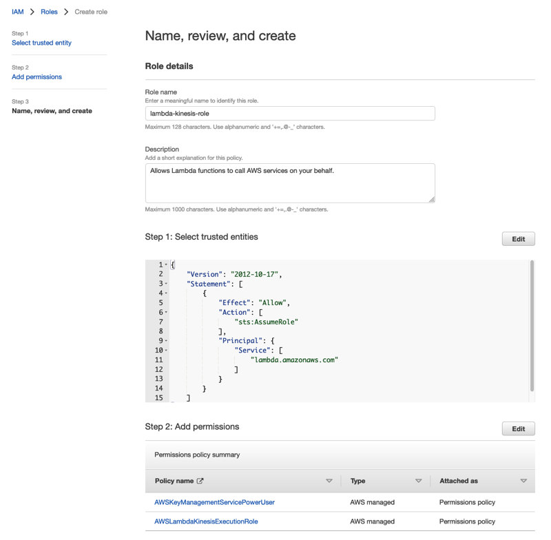 IAM role creation interface showing name, review, and create steps with role details and permissions.