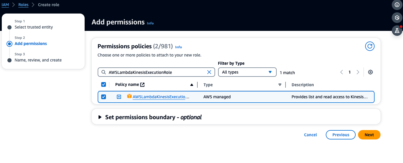 Add permissions interface showing AWSLambdaKinesisExecutionRole policy selected for a new role.