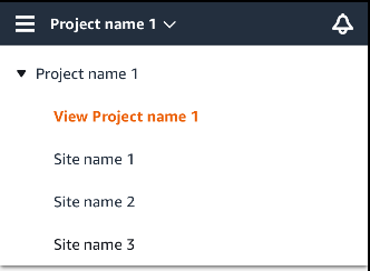 Dropdown menu showing Project name 1 expanded with three site name options listed.