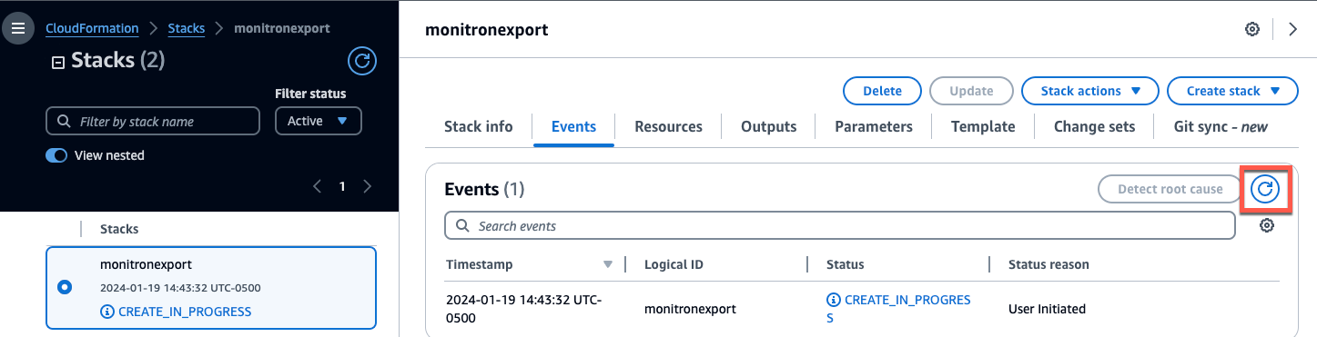 CloudFormation stack details page showing monitronexport stack in CREATE_IN_PROGRESS state.