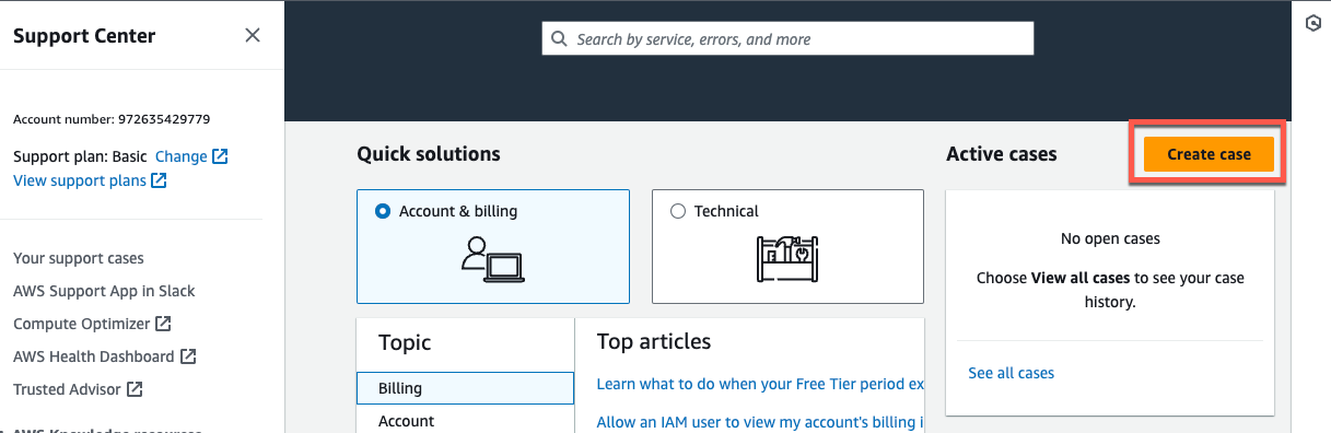 Support Center interface with Quick solutions, Active cases, and Create case button.