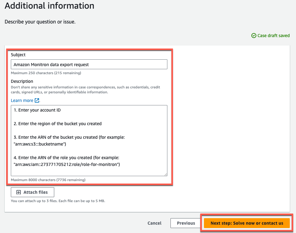 Form for Amazon Monitron data export request with fields for account and bucket details.